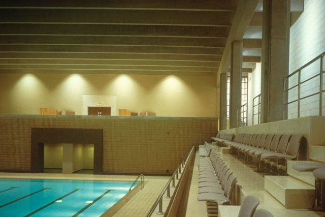 Interior view of audience seating at swimming pool