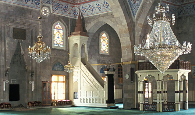 Interior view; mihrab, minbar and wooden platform