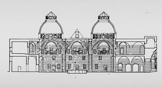 B&W drawing, section before the reconstruction of the middle dome