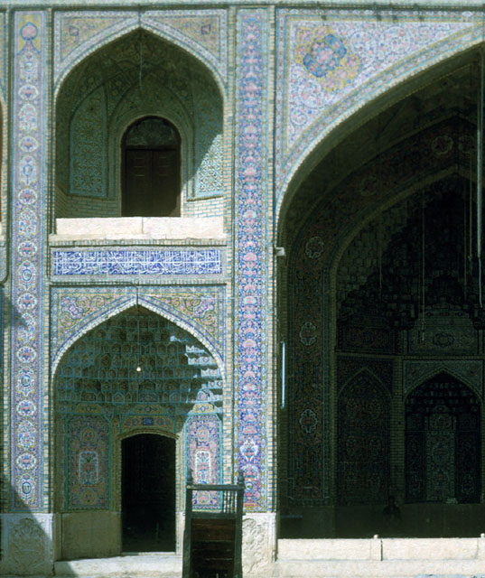 Courtyard view showing tile decoration of southwest iwan and flanking niches