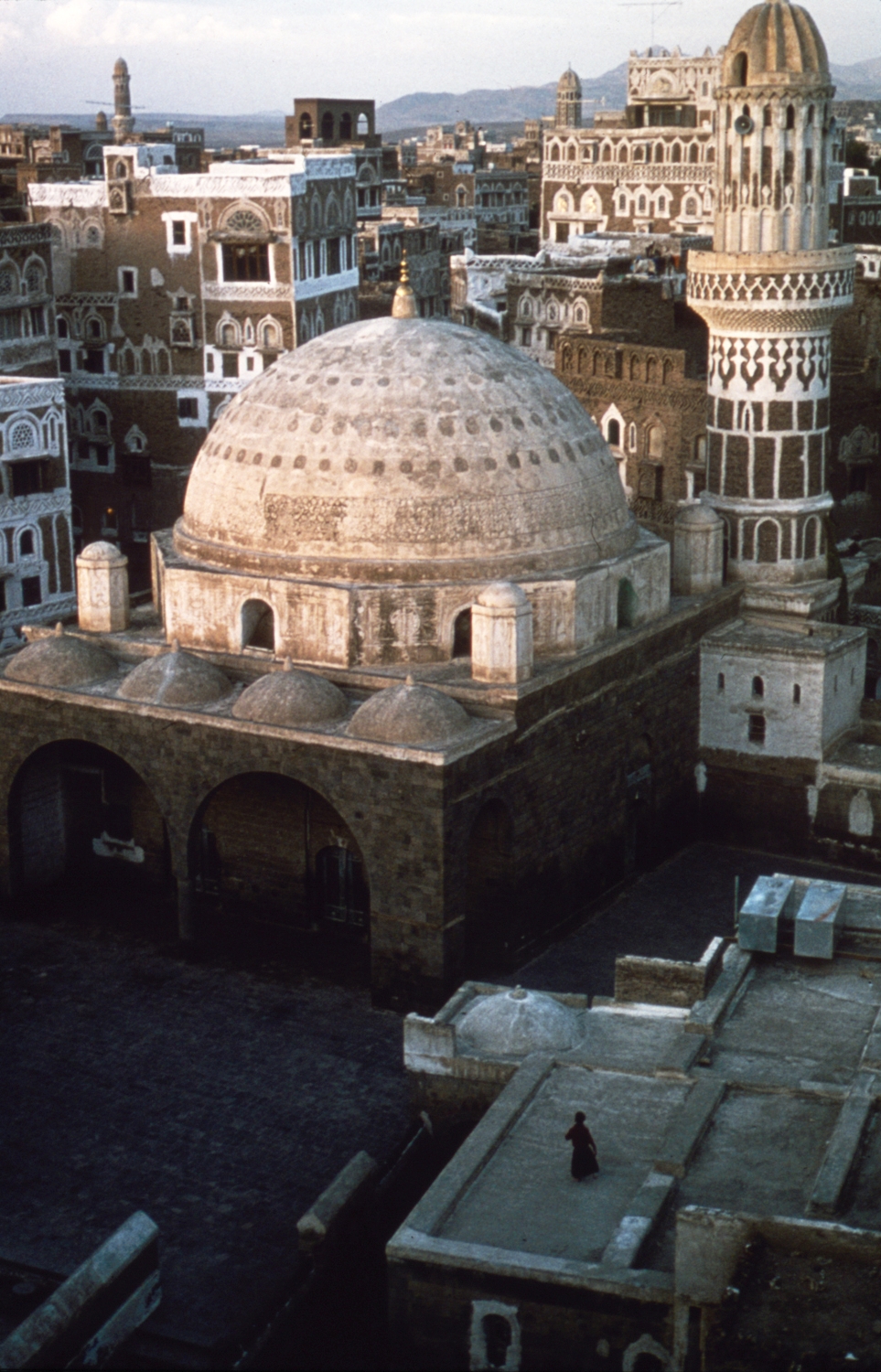 Exterior view of the mosque looking onto inner courtyard and four bay portico of the prayer hall