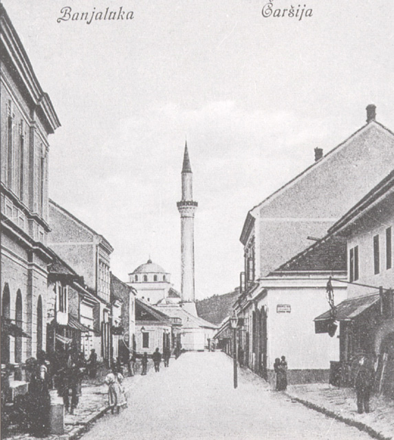 Street view of the Banja-Luka market, looking toward mosque