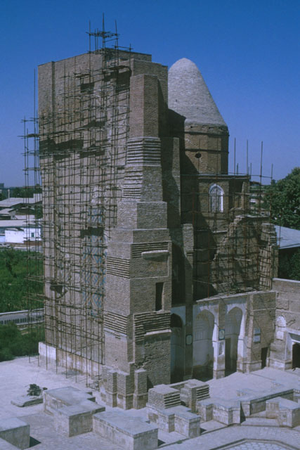 Exterior view of mausoleum, during restoration