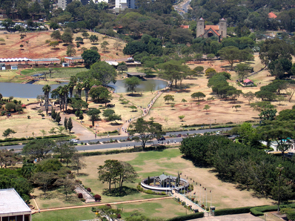 Elevated view, looking southwest from KICC Tower, showing mausoleum in the parliament grounds with Uhuru Park lake in the background