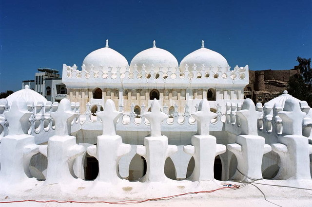 Prayer hall domes, after restoration; view looking north across the inner court parapet