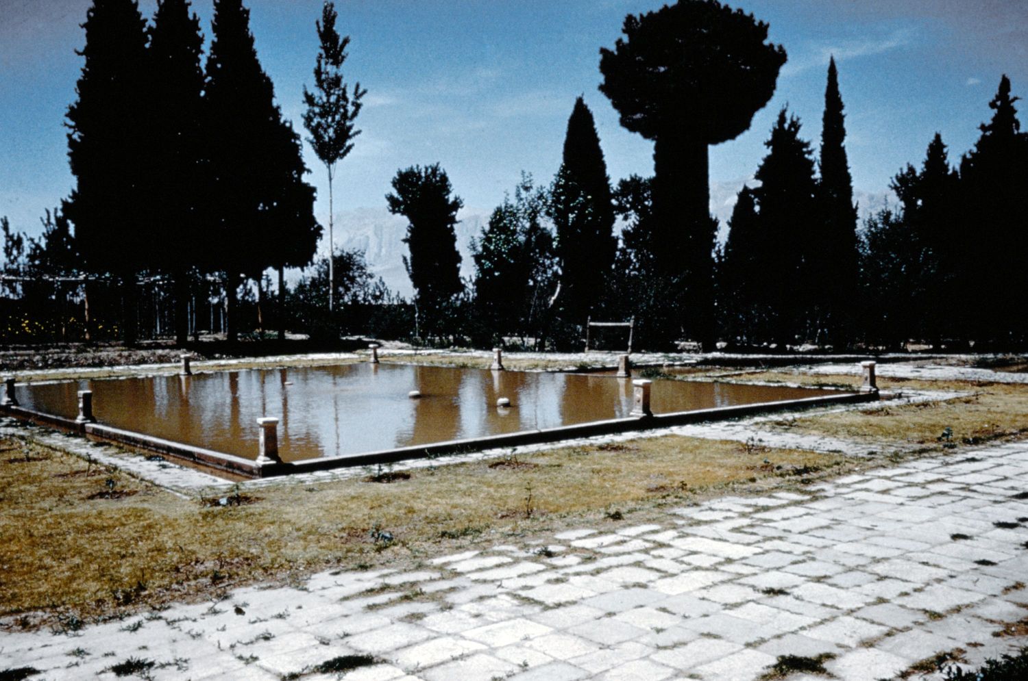 View of the pool in front of the upper pavilion.