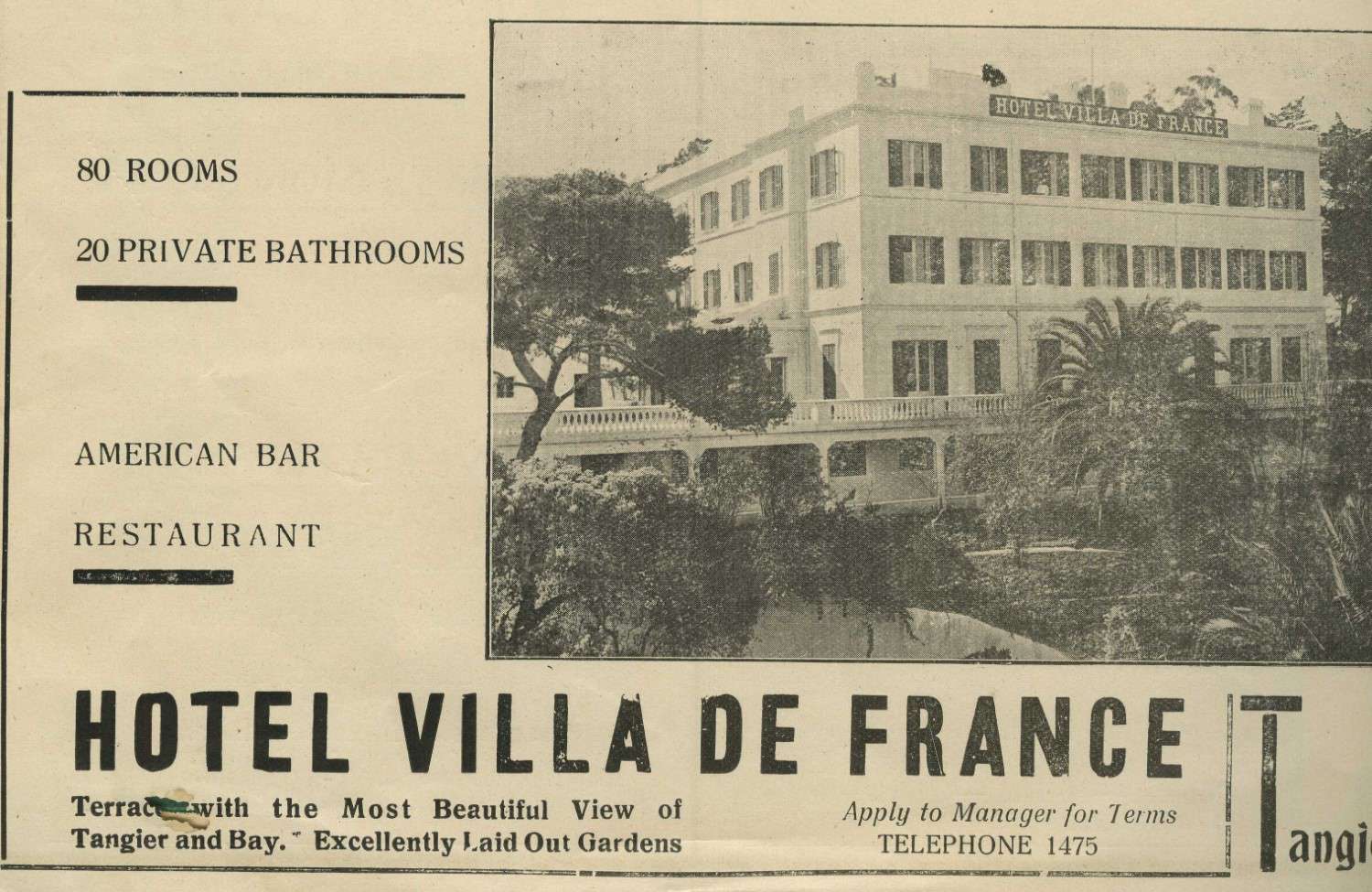 Grand Hotel Villa de France - Newspaper ad. Hotel Villa de France in Tangier, View of garden and facade with trees and palms, terrace
