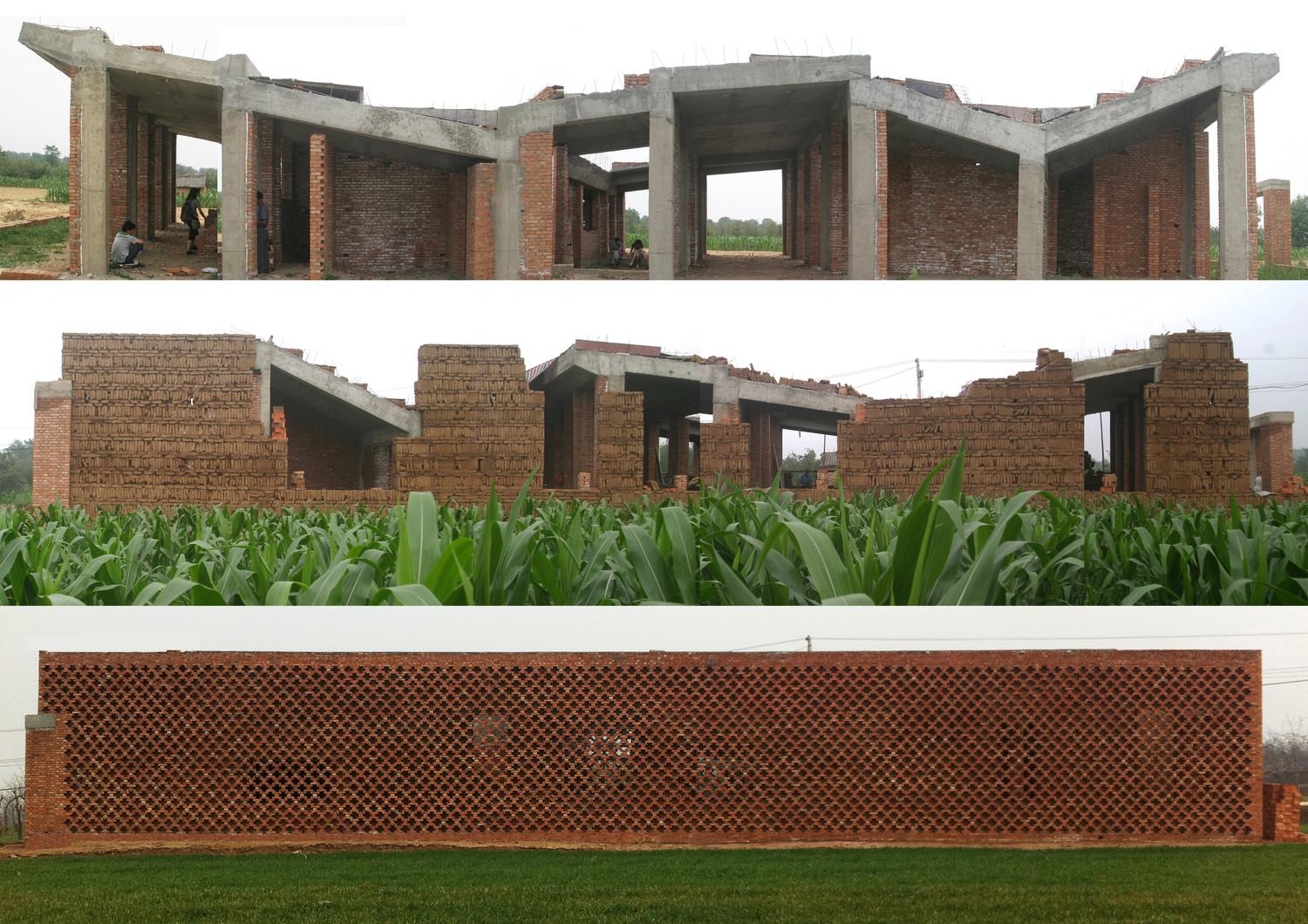 Construction in progress : from concrete framework to finished brick façade with mud brick infill