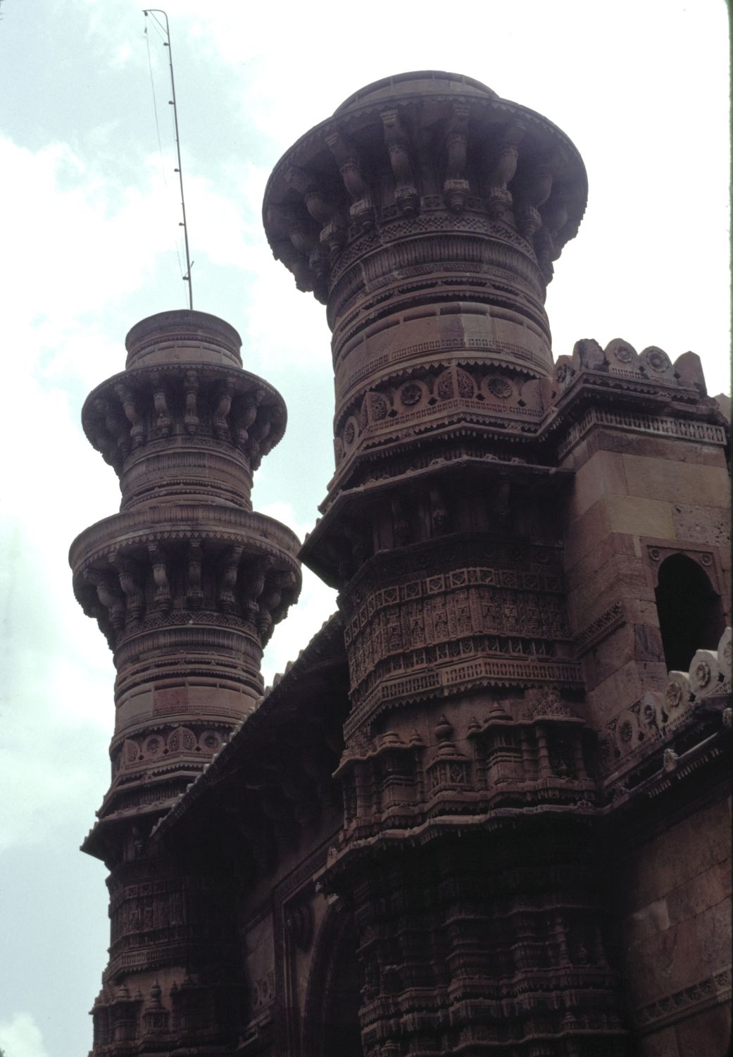View of minarets flanking central arch on east facade.