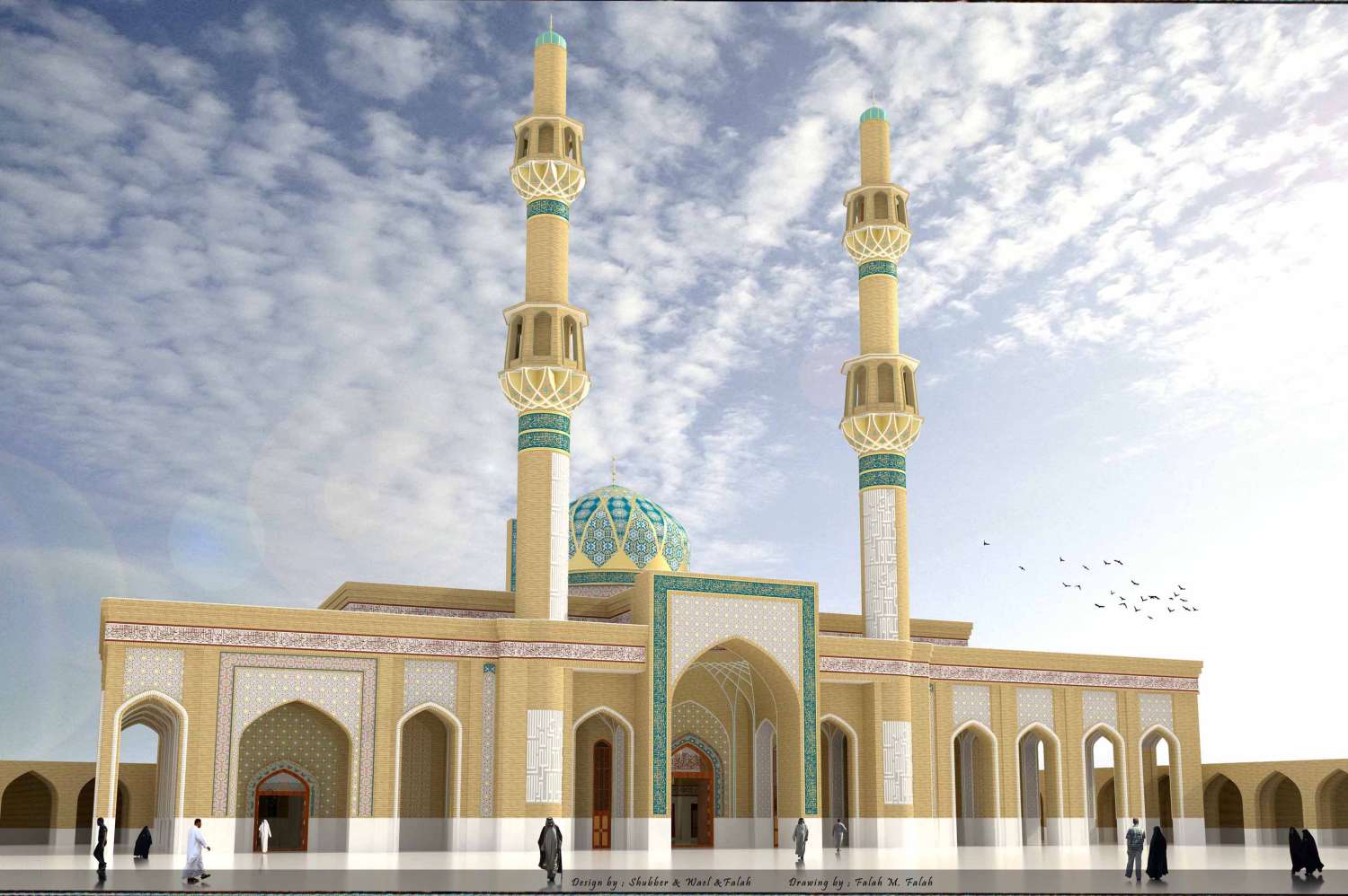 Design of new mosque: rendering of mosque from exterior.