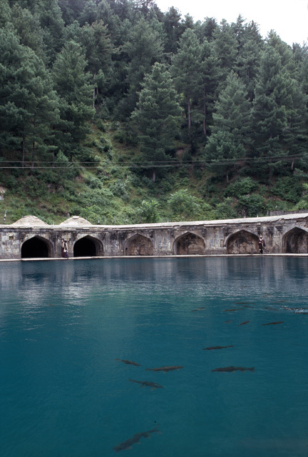 General view looking southwest into the carp-filled octagonal pool surrounded with arched colonnade