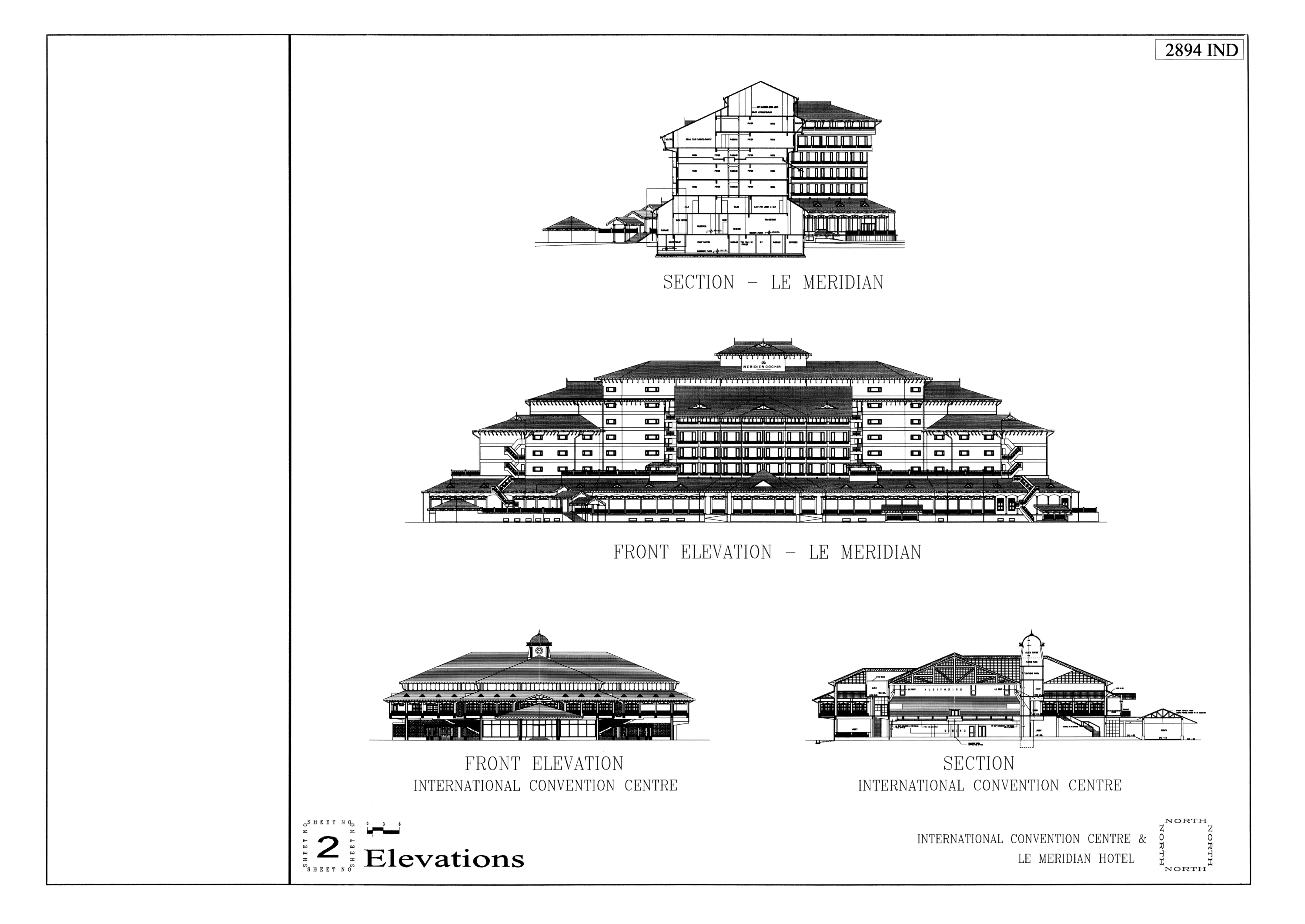 Presentation panel with sections and elevators of the hotel and convention centre
