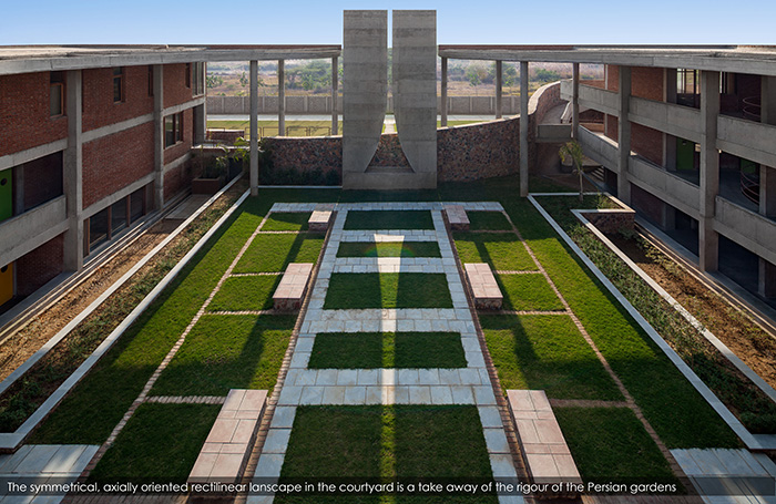 The symmetrical, axially oriented rectilinear landscape in the courtyard is a take away of the rigour of the Persian gardens