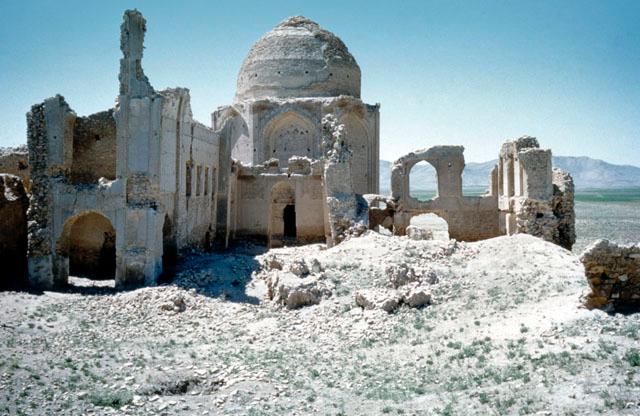 Exterior view showing ruins of khanqah built of rubble masonry