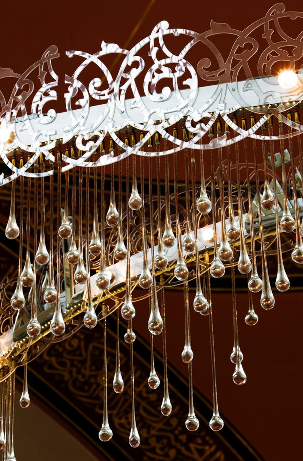 View of the chandelier and tezhip decoration in plexi and glass drops