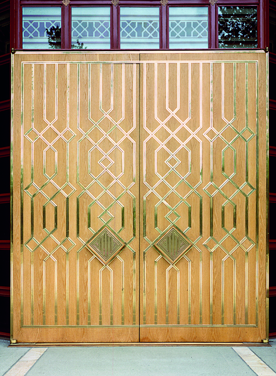 Wooden entry doors with geometric pattern