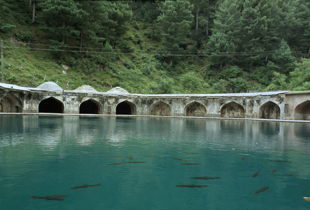 General view looking south into the carp-filled octagonal pool surrounded with an arched colonnade