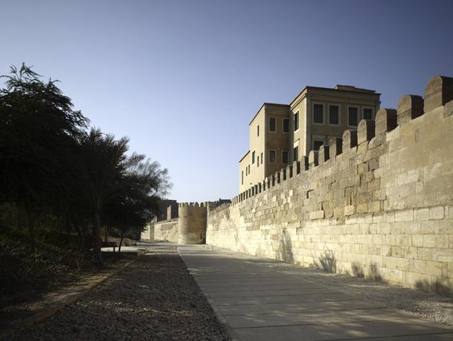 Paved promenade along the Historic Wall inside Al Azhar Park