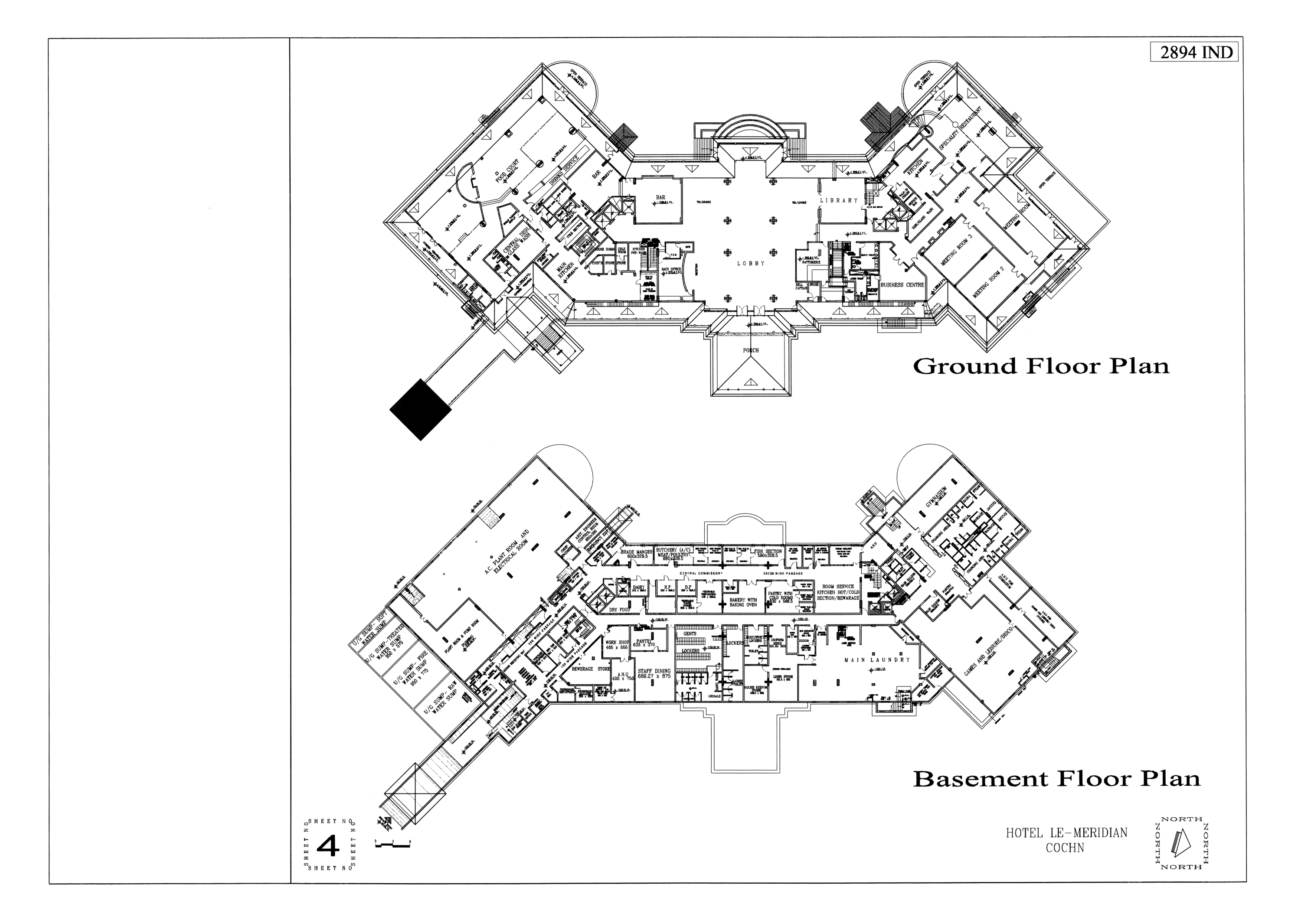 Presentation panel, hotel, basement and ground floor plans
