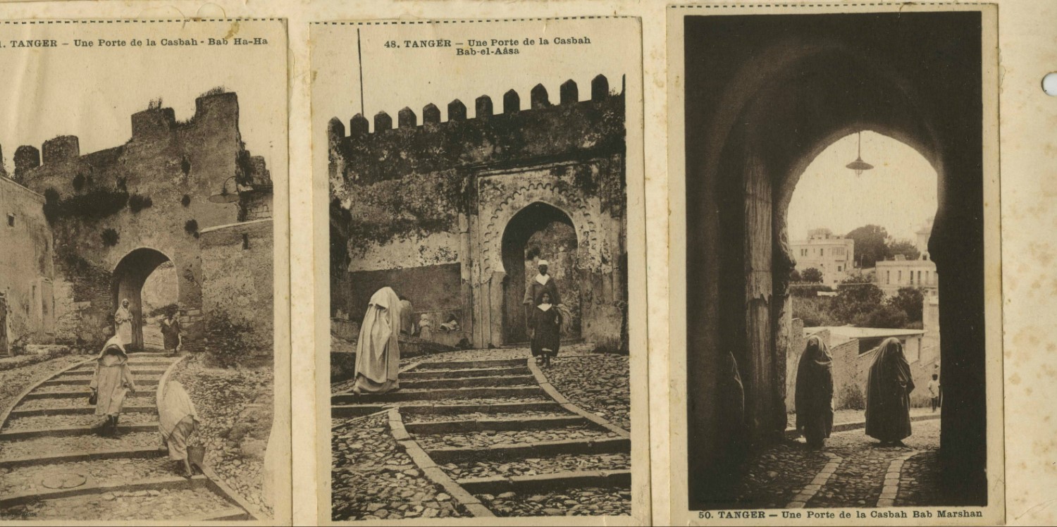 A triptych of three postcards depicting gates of the Qasba
Left: A door leading to the Casbah, Bab Ha-Ha
Middle: A door leading to the Casbah, Bab el-Aasa
Right: An entrance to the the Casbah, Bab Marshan