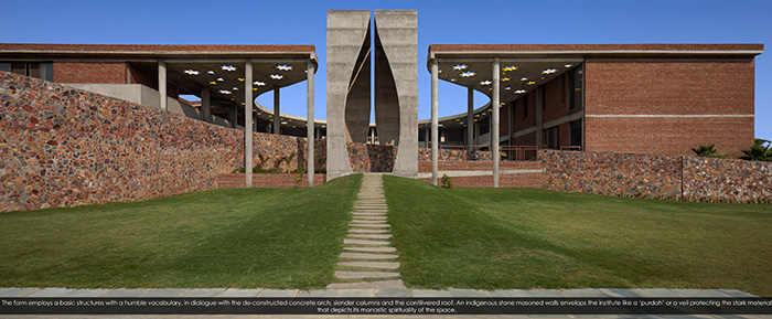 The form employs a basic structure with a humble brick vocabulary, in dialogue with the de-constructed concrete arch, slender columns and the cantilevered roof. An indigenous stone masoned wall envelops the institute like a ‘purdah’ or a veil protecting the stark materiality that depicts its monastic spirituality of the space