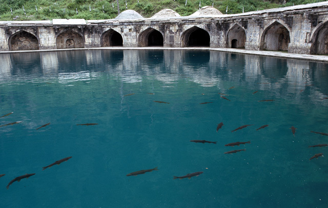 General view of the carp-filled octagonal pool surrounded by an arched colonnade