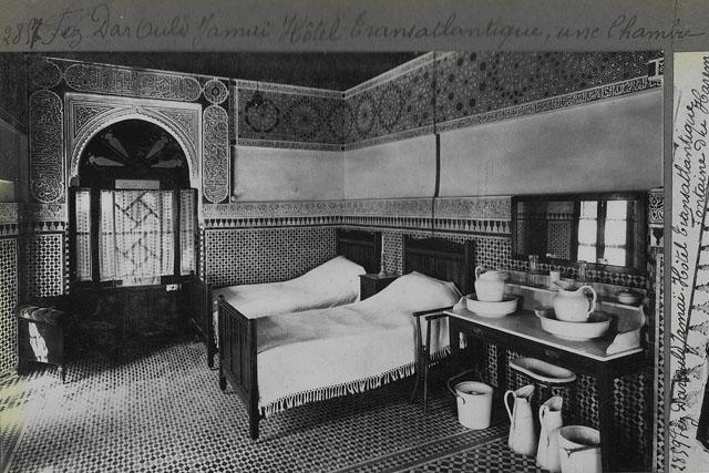 Interior view of bedroom, Dar Ould Jamai (palace) or Hotel Transatlantique / "Fez, Dar Ould Jamaï, Hôtel Transatlantique, Une Chambre"
