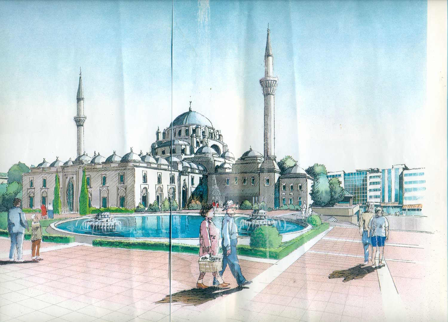 Colored architectural drawing produced for the 1987 Design Competition for the Redesign of Beyazıt Meydanı, featuring a public fountain outside Beyazıt Mosque.