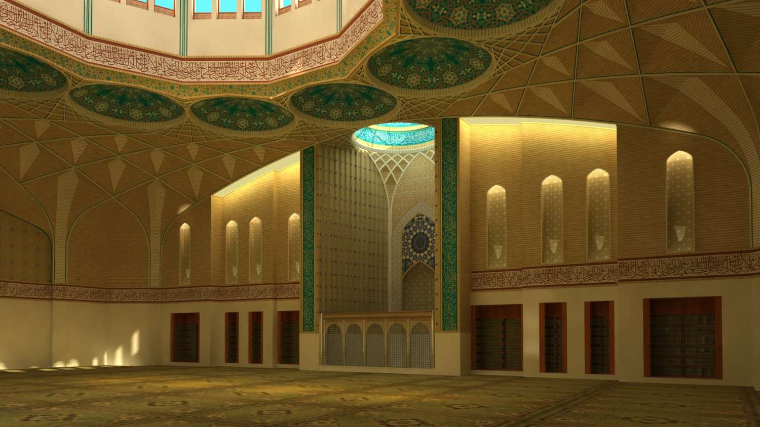 Design of new mosque: rendering of prayer hall facing toward mihrab.