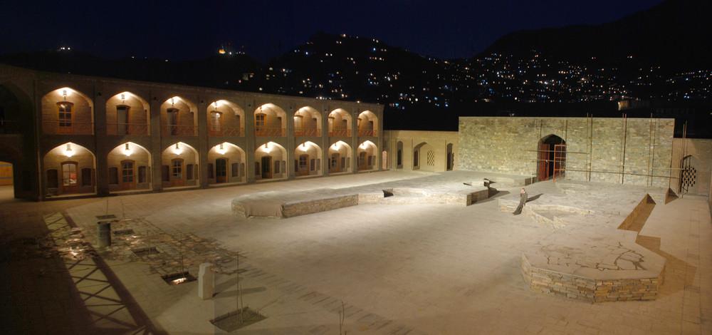 Bagh-e Babur Restoration: Caravanserai - Night view of caravanserai and courtyard