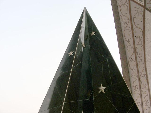 The shiny black pyramidal star in the centre of the petals composition in reference to the Pakistani flag