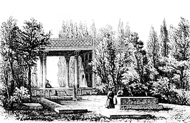 View of north garden in 1840, showing tombstone, pool with fountain and talar, prior to modern interventions. Cypress trees of southern garden are visible in background