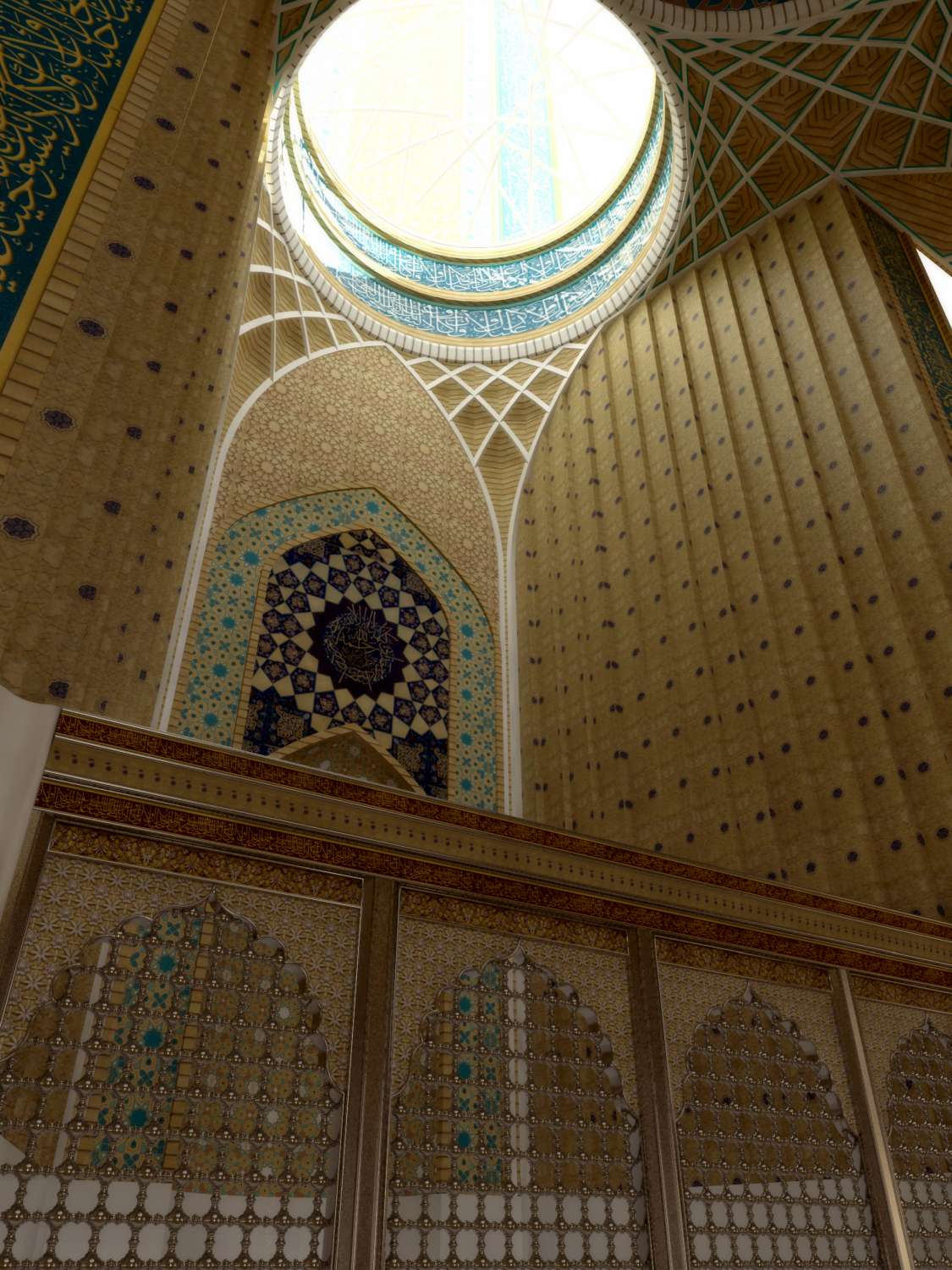 Design of new mosque: rendering of interior, view toward skylight.