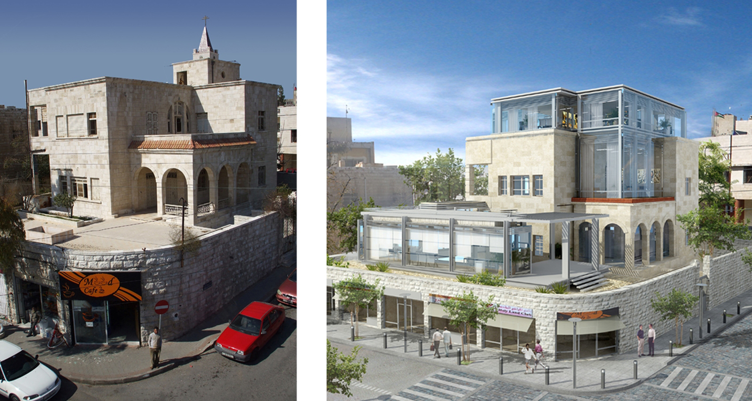 Amman Institute Offices Rehabilitation - View before and after, architectural rendering
