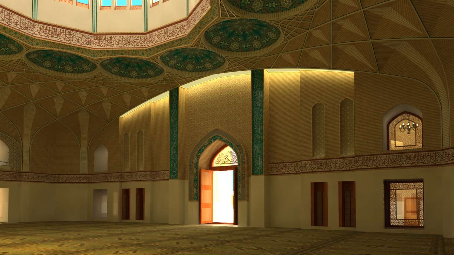 Design of new mosque: rendering of prayer hall interior, facing portal.