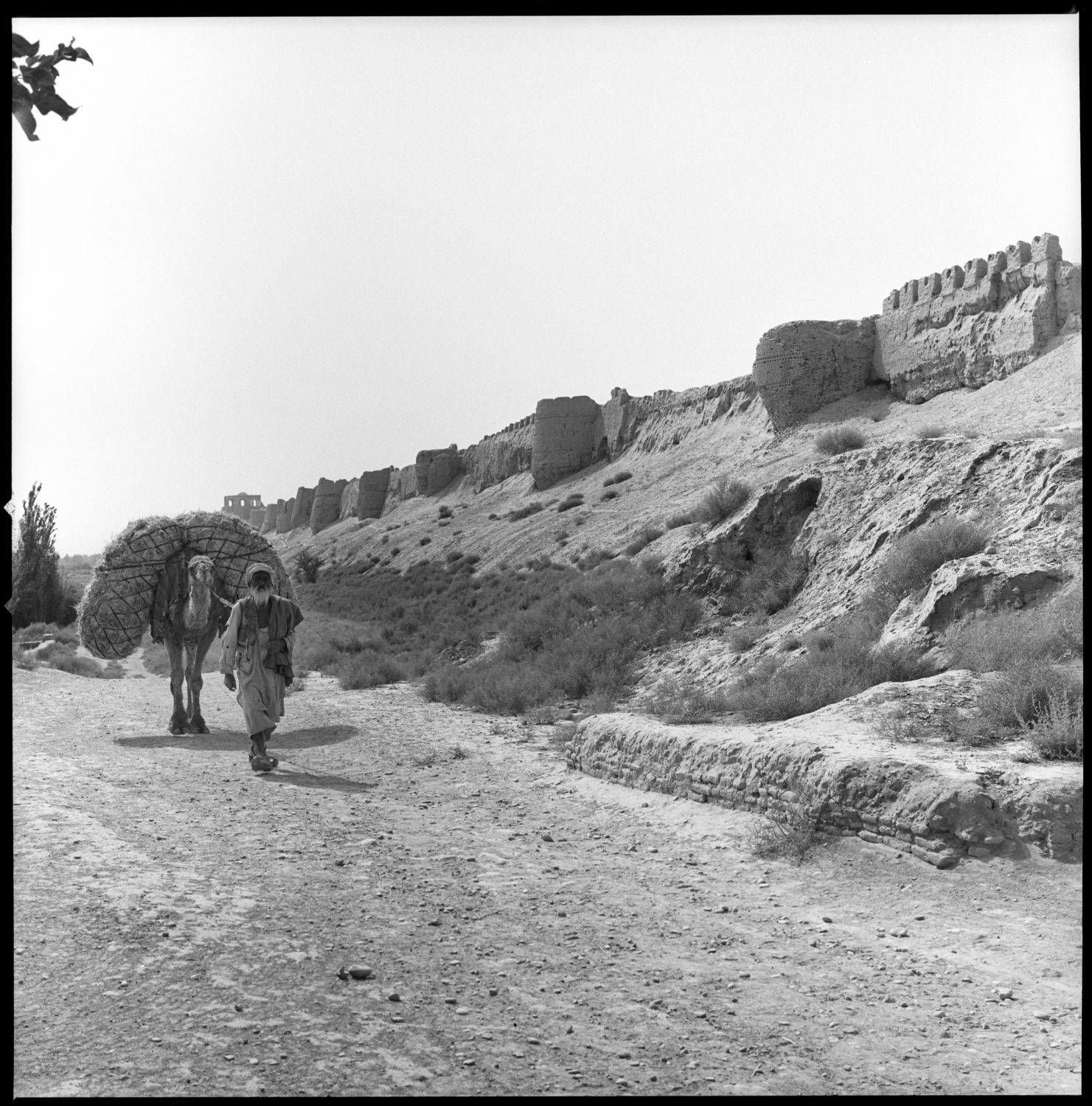 Exterior view showing ramparts, with man and a camel passing by.