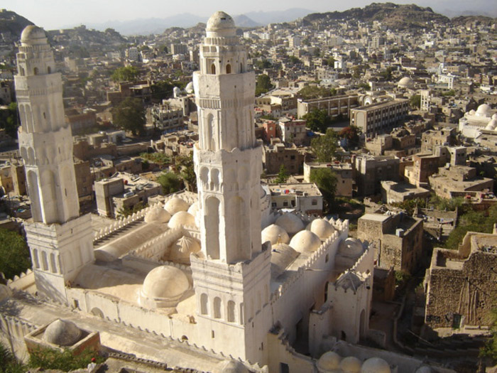 Aerial view over mosque/madrassa complex