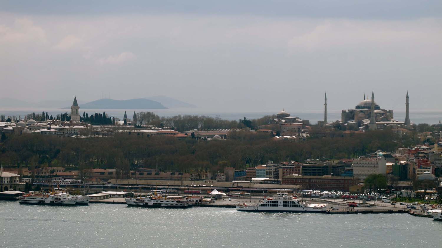 Distant view of Topkapi Palace and Hagia Sofia from Galata Tower
