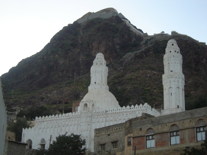 Minarets of the complex with mountain in background