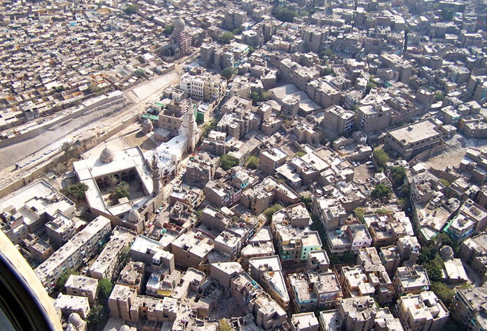 Aerial view over the Amir Aqsunqur Mosque and restored Amir Khayrbak Complex in the Darb al-Ahmar neighbourhood