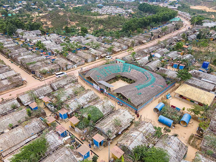 <p>Aerial view of the Shantikhana Women Friendly Space in Camp 4ext. The construction started before the design was finalised, allowing the local Rohingya workers to express their artisanal skills and artistic freedom.</p>