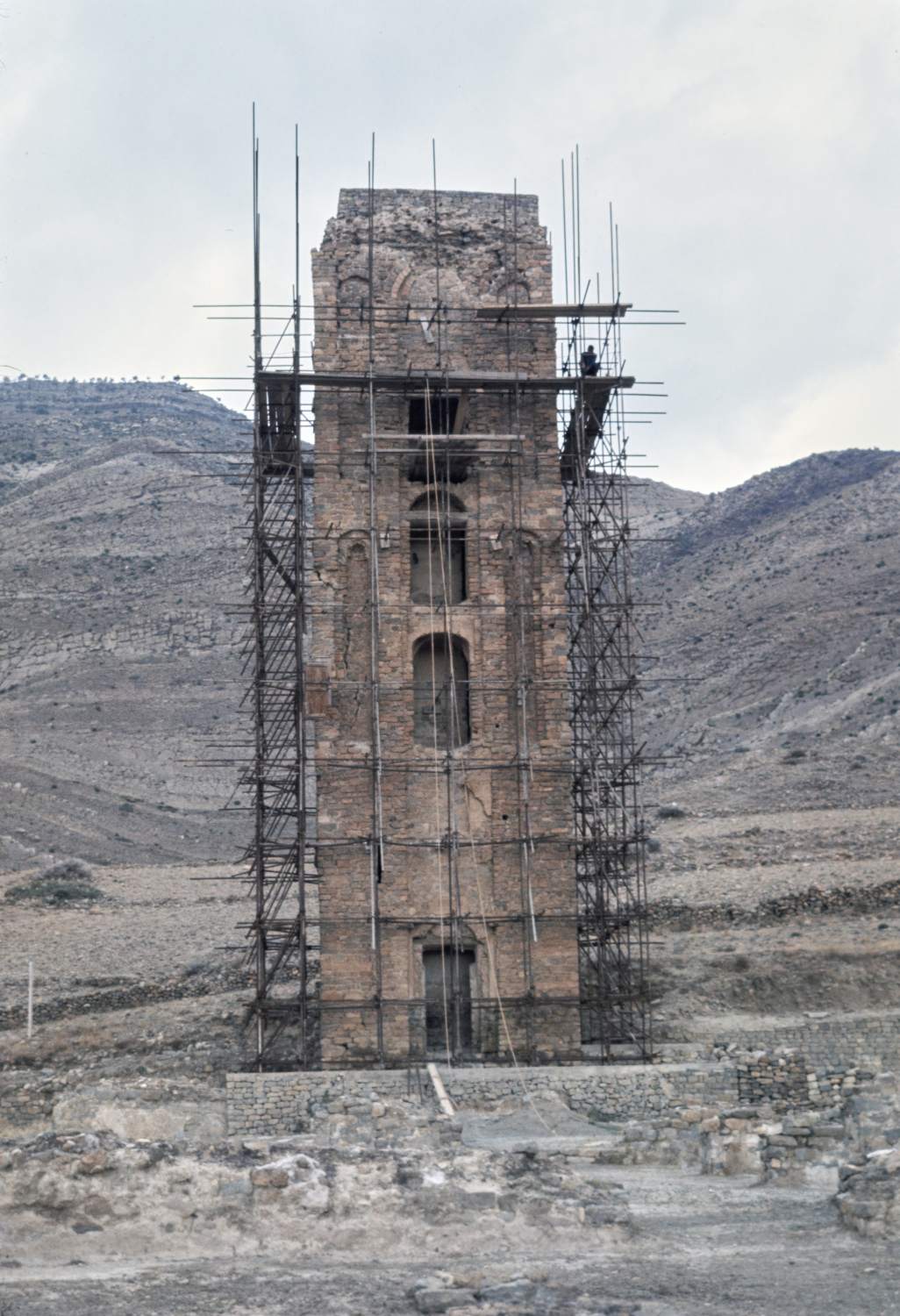 View of the minaret surrounded by restoration scaffolding