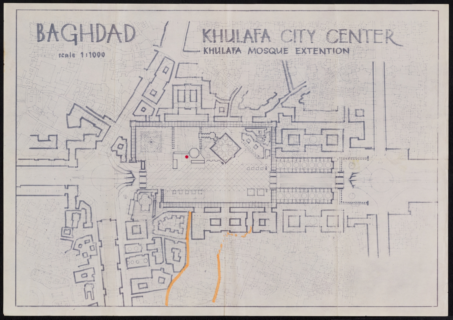 Jami' al-Khulafa - Plan, Khulafa City Center, Khulafa Mosque Extension with plaza over Khulafa Street, Diazotype print