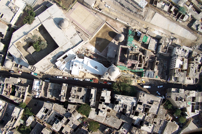 Aerial view directly over the restored Amir Khayrbak Complex with the Amir Aqsunqur Mosque on the left