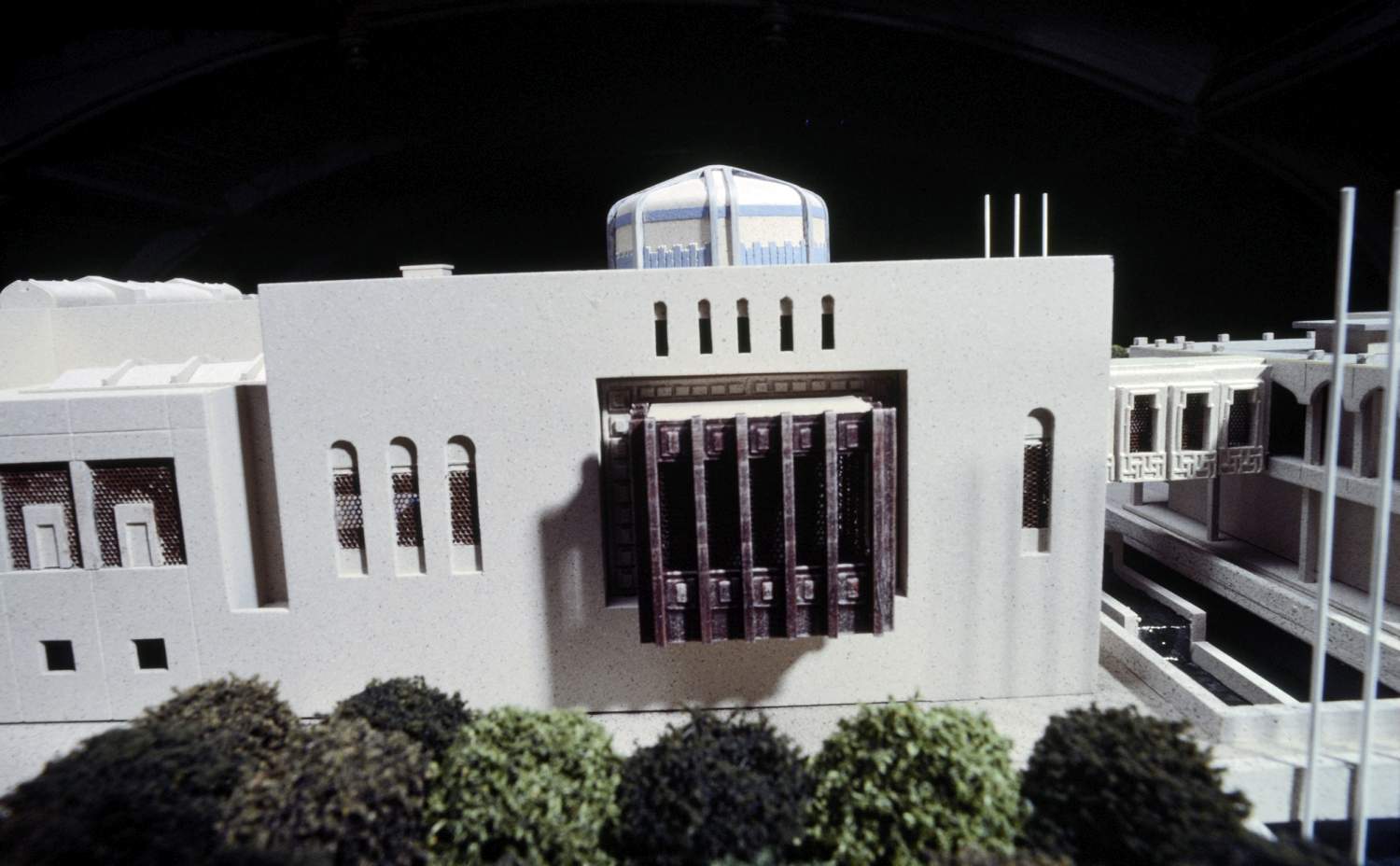 <p>View of architectural model, showing detail of projecting bay windows</p>