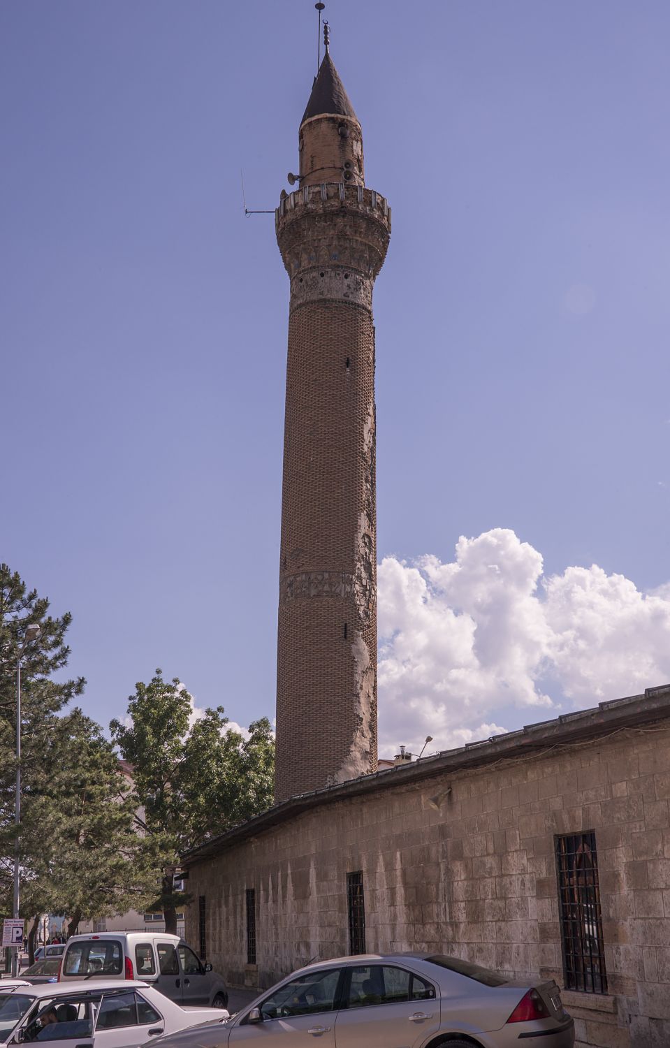 Exterior view showing east facade and minaret.