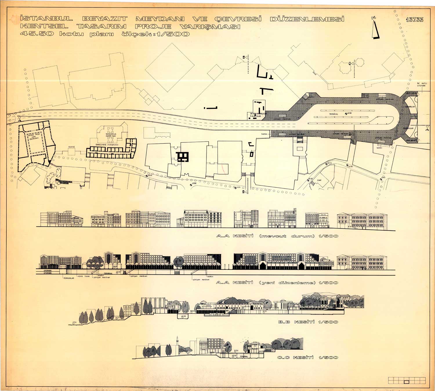 Beyazit Square, Urban Design Competition 1987. Ground plans and cross-sectionals, by Fatma Vedia Dökmeci and Yaprak Karlıdağ.