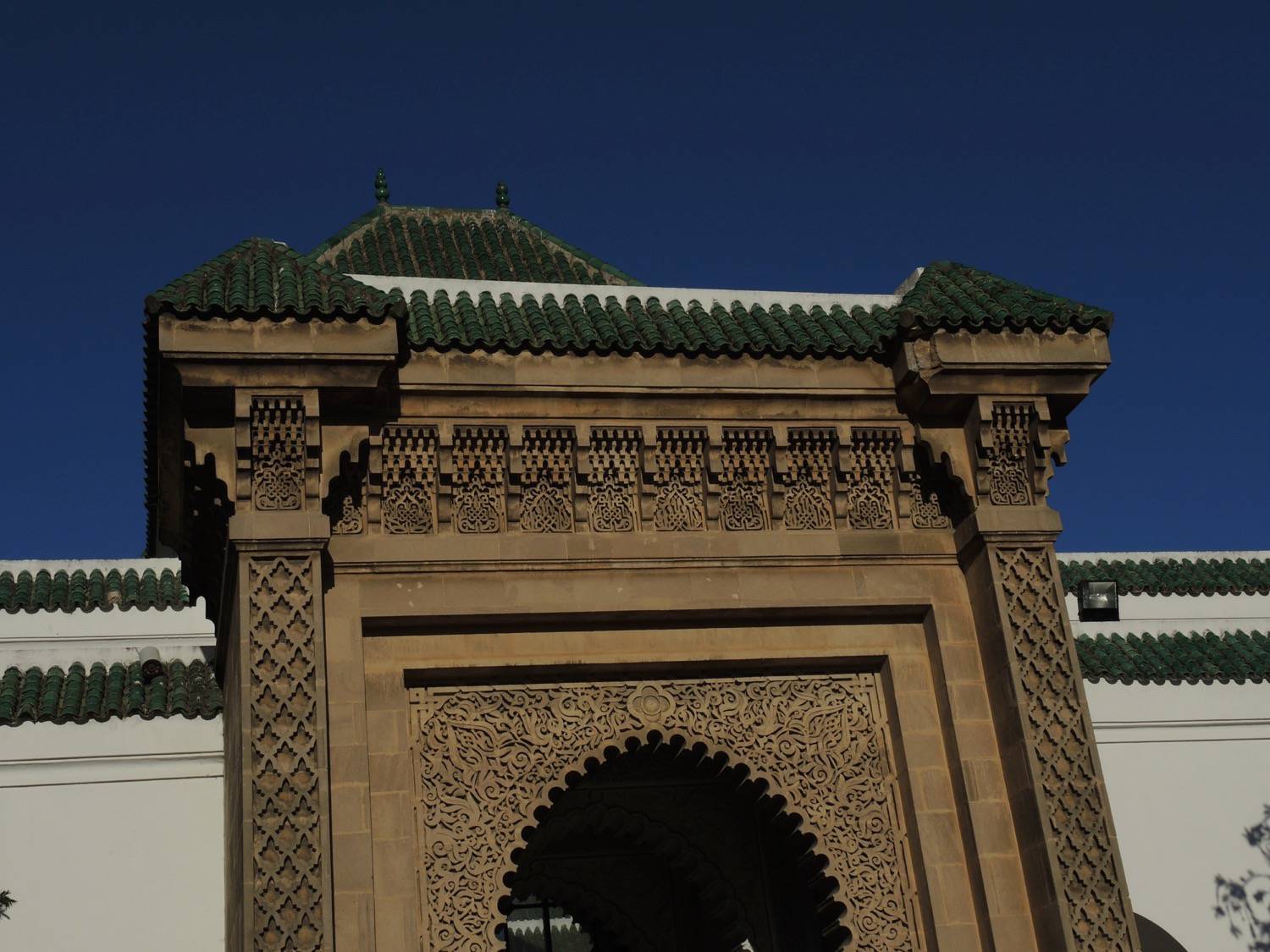 Detail view of top of main portal on Avenue Sidi Mohammed Ben Abdallah