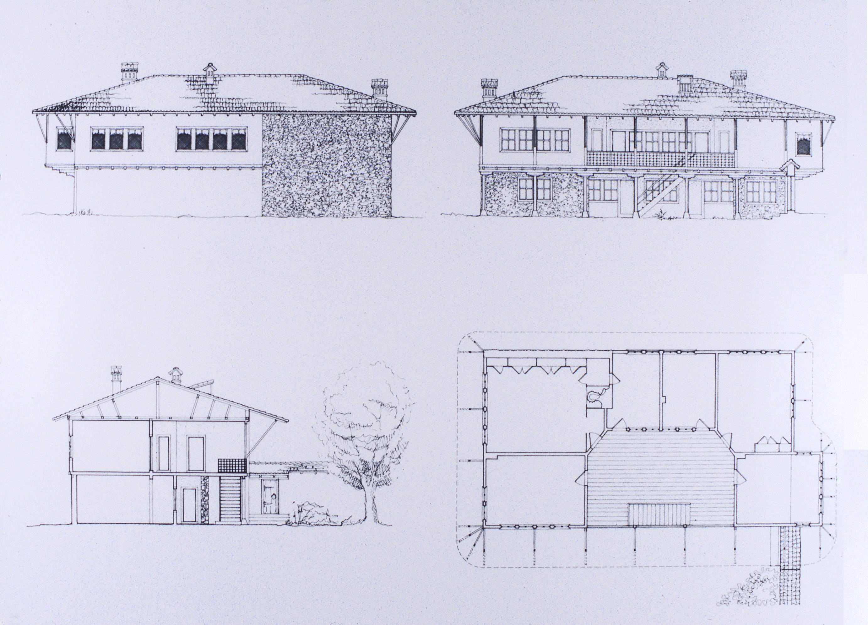 <p>These drawings show this former double house after its adaptation for institutional use. The building was constructed of thick perimeter walls with one wall that crossed through the courtyard. The upper level walls were thinner and constructed with wood framing, light infill and covered with plaster. The plan shown is the restored upper floor. The ground level had entries to the northern street and the building was divided so that two courtyards existed, each with its own gallery and stair. </p>