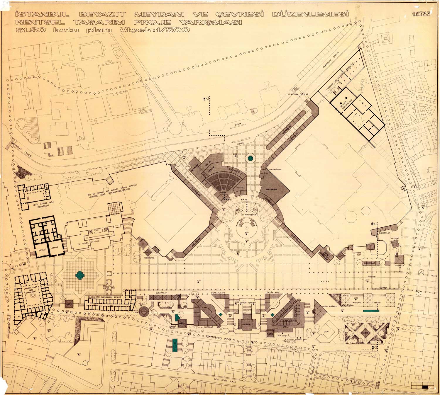 Beyazit Square, Urban Design Competition 1987. Grounds plan, by Fatma Vedia Dökmeci and Yaprak Karlıdağ.